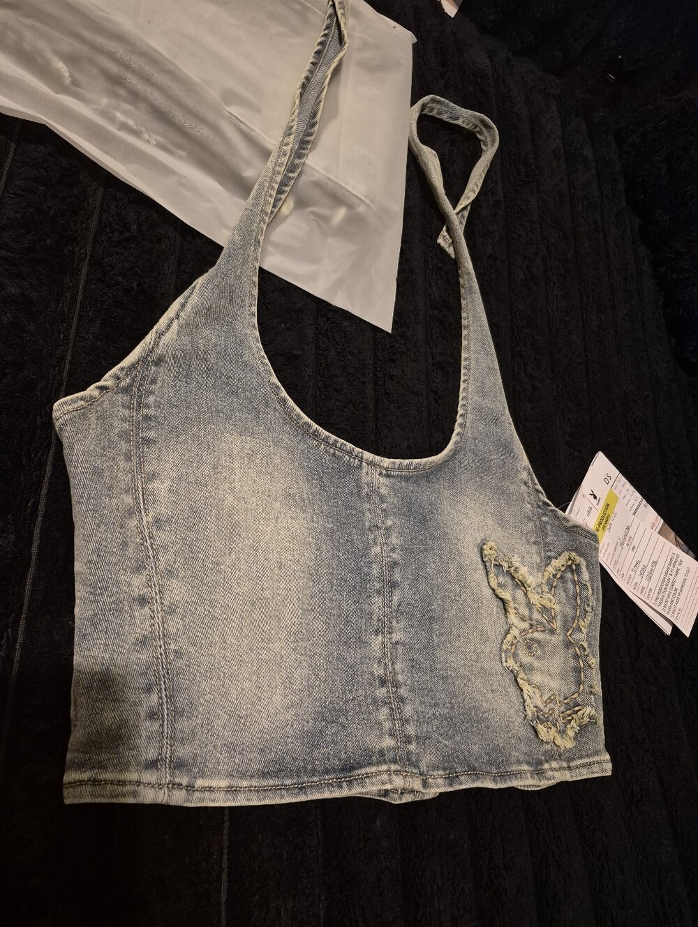 Denim Cropped Tank Top with Embroidered Bunny